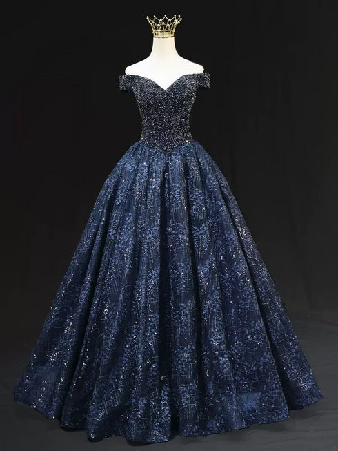 Gothic Navy Blue Off-Shoulder Ball Gown Wedding Dress - Sequin Wedding Dress - Strapless Glitter Dress Plus Size